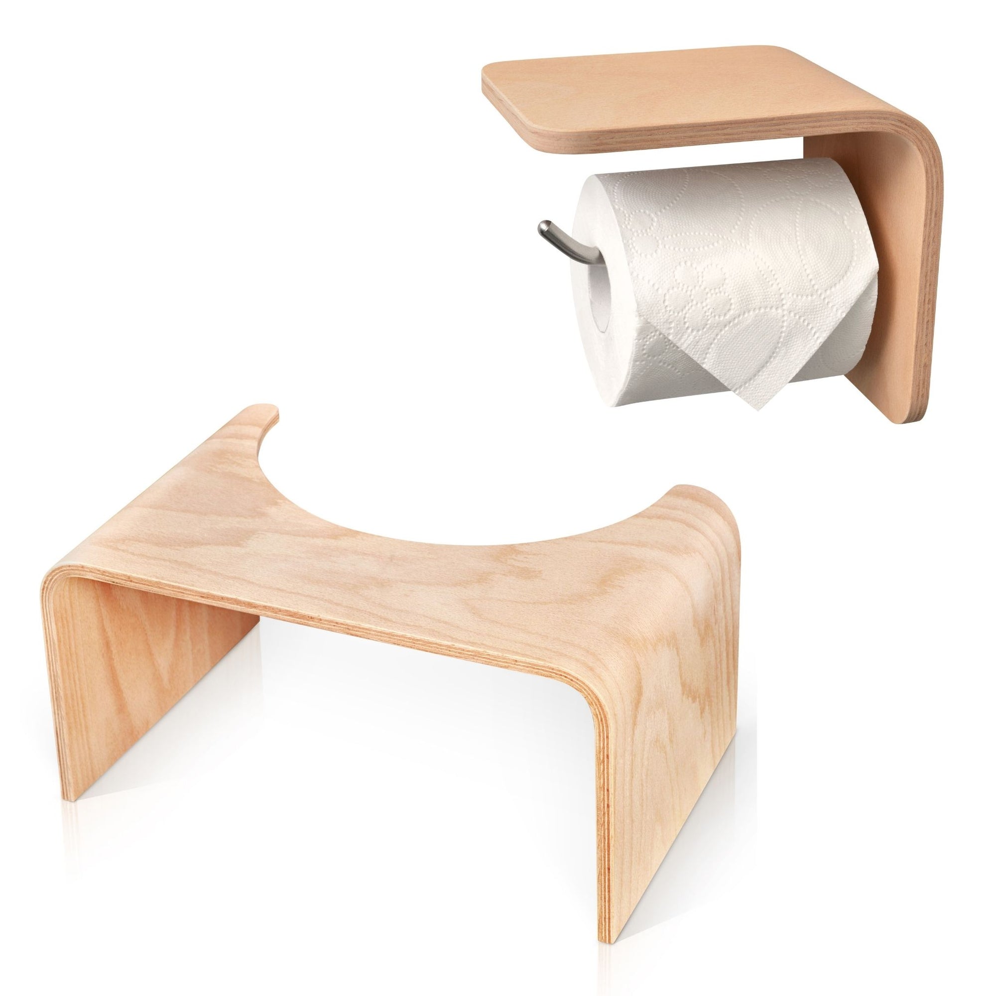 Pack - Tabouret de Toilette en Bois + Porte Papier Toilette assorti